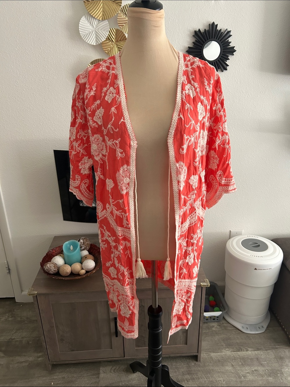 Solitaire Coral Red Embroidered Kimono Camisole